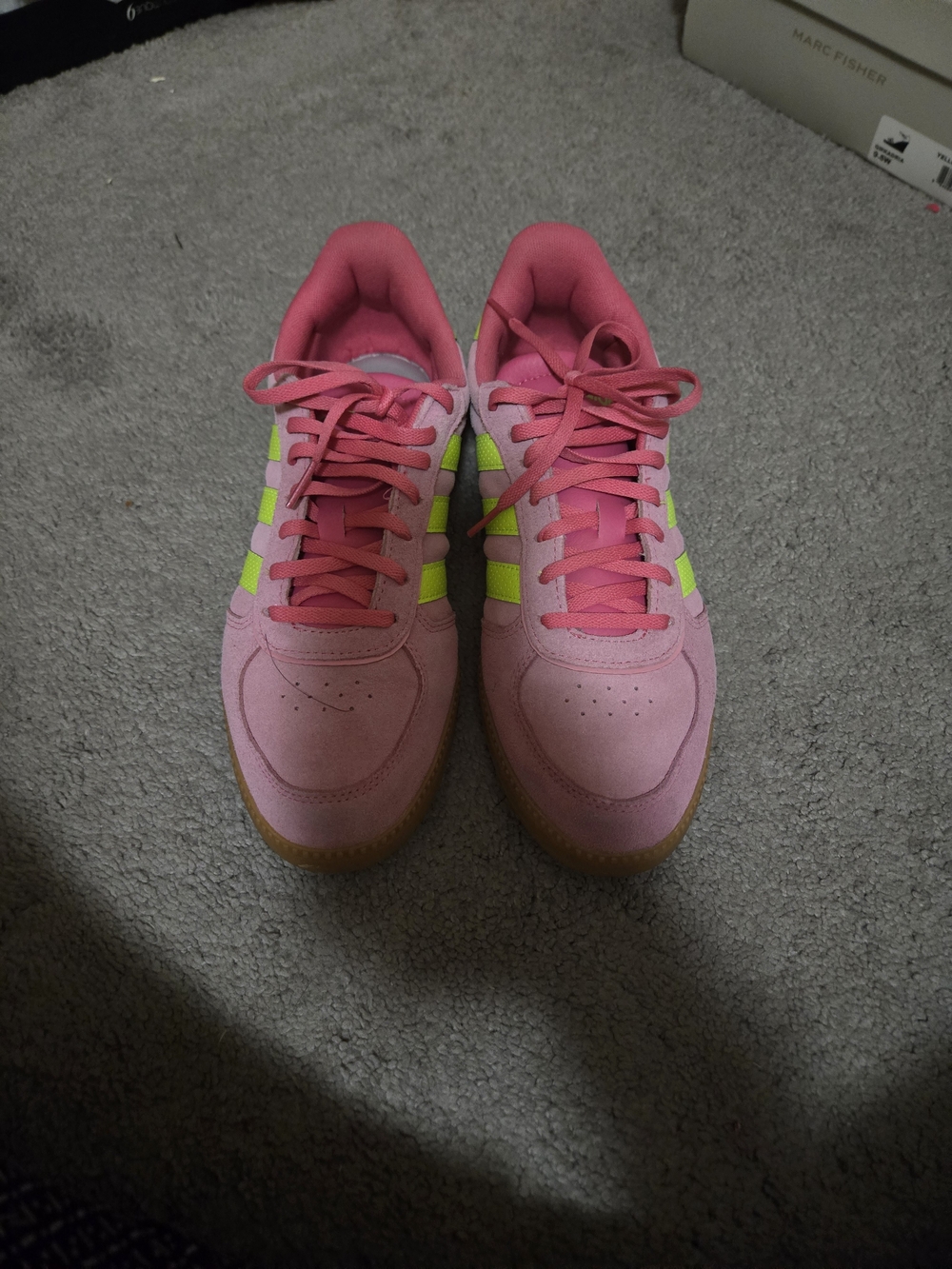 adidas Pink Suede Sneakers with Neon Yellow Stripes - Picture 2 of 5